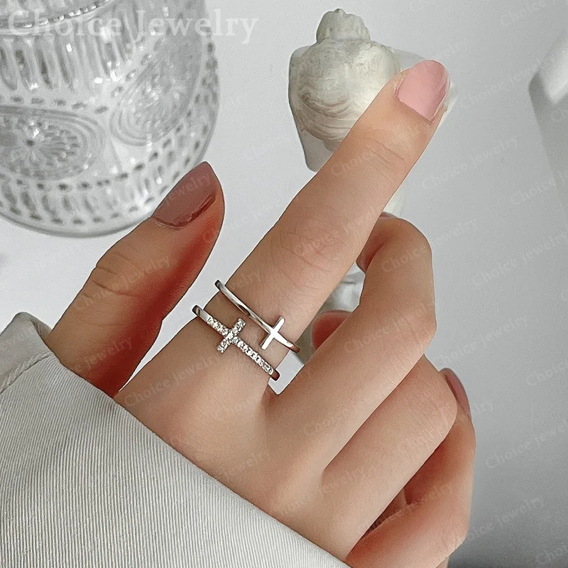 925 Sterling Silver Gold Zircons Cross Open Rings For Women Wedding Engagement Band Bride Declaration Jewelry Noble Luxury Gift view 3
