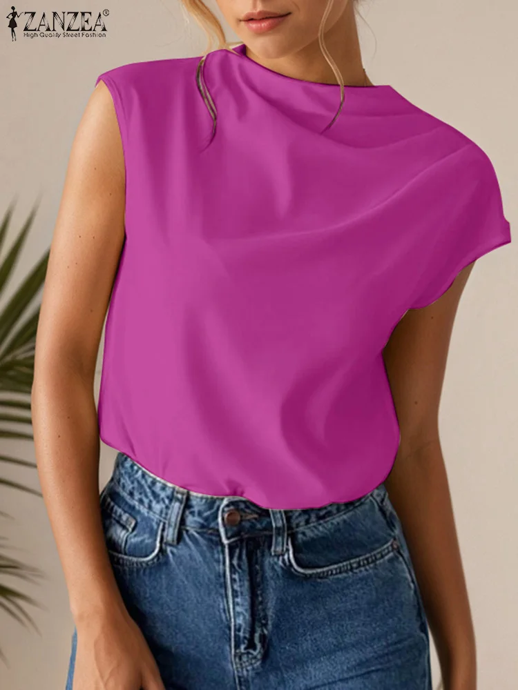 

2025 ZANZEA Office Women Blouses Summer Stylish Work OL Shirt Short Cap Sleeve Solid Tunic Tops Swing Neck Party Busas Oversize