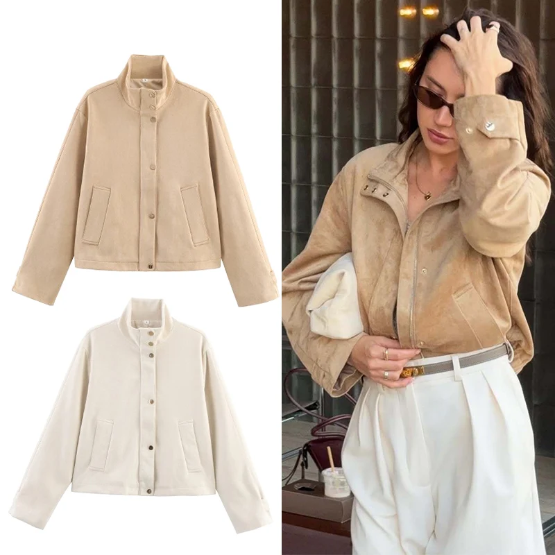 

Женская осенняя куртка, модная замшевая свободная короткая куртка с длинными рукавами для женщин, пальто, женская уличная шикарная повседневная новая верхняя одежда