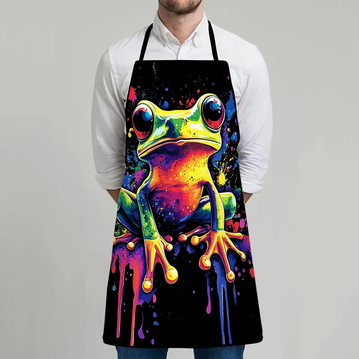 Apron with Vibrant Neon-Colored Frog Sitting Pattern, Suitable for Work, BBQ, Gardening, Baking, Multipurpose Kitchen Apparel