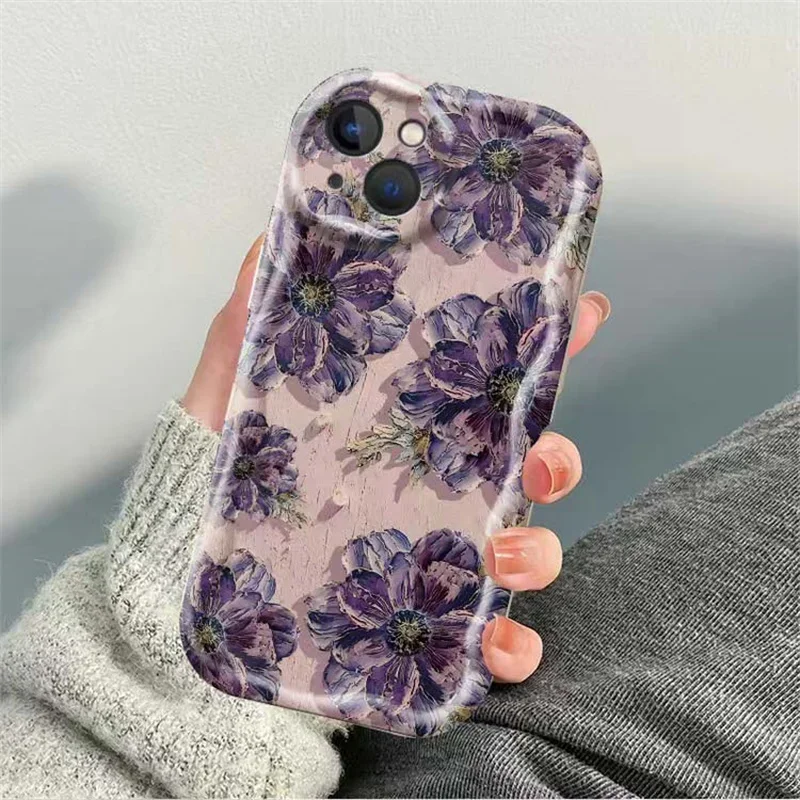 Oil Painting Flowers Phone Case For  iPhone 16 15 12 11 Pro Max 14 Plus 13 Mini X XS XR 7 8 Plus SE Wavy TPU Soft Silicone Cover