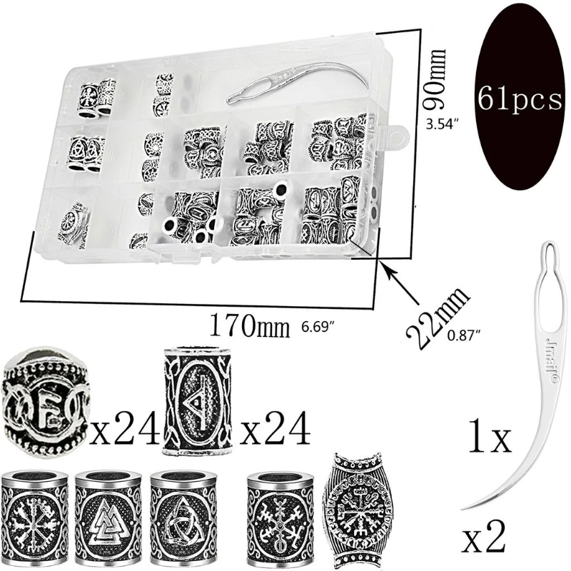 652F African Dirty Braid Hair Accessories Norwegian Nordic Viking Rune Alphabet Characters Ancient Silver Hairpin Set