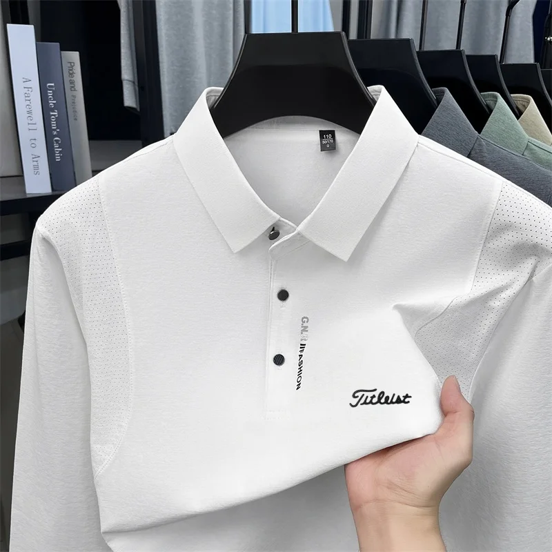 Men's Long Sleeved Polo Shirt Breathable Mesh Panel Lapel Letter Print Solid Color Casual Daily Wear 3 Button Pullover Mens Wear