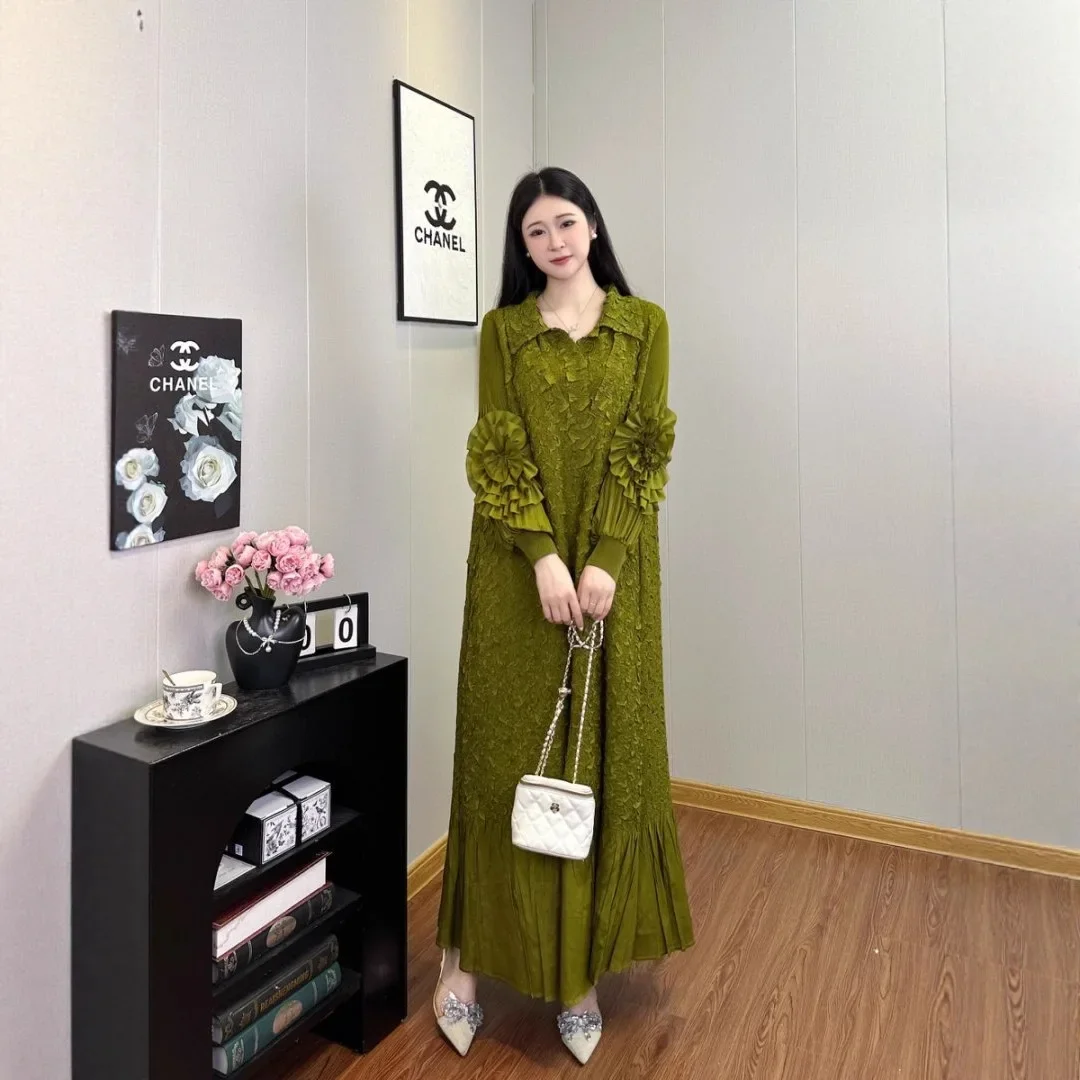 

Miyake New Heavy Embroidery Large Size Pleated Dress Women Loose Casual Temperament Elegant Long Ruffled Skirt Elastic Clothing