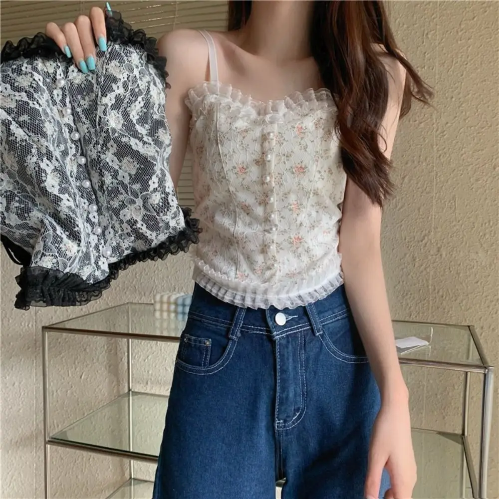 

All-match Lace Floral Sleeveless Crop Top V Neck Slim Fit Women's Tank Top Pearl Beads Undershirts Bra with Pads Camisole Girl