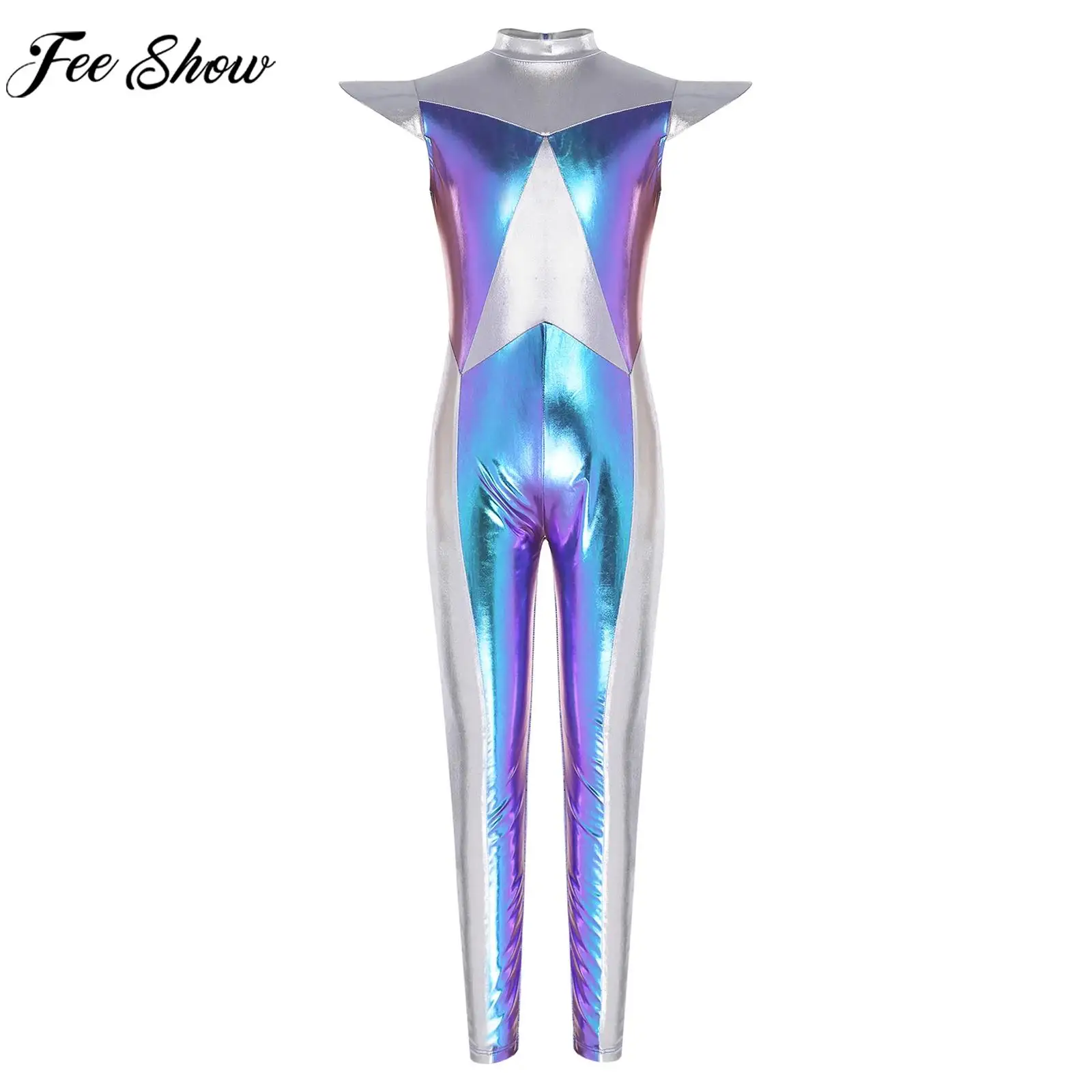 زي تنكري روبوت رائد فضاء فضائي للفتيات الصغيرات بأكمام قصيرة لامعة معدنية لحفلات الهالوين