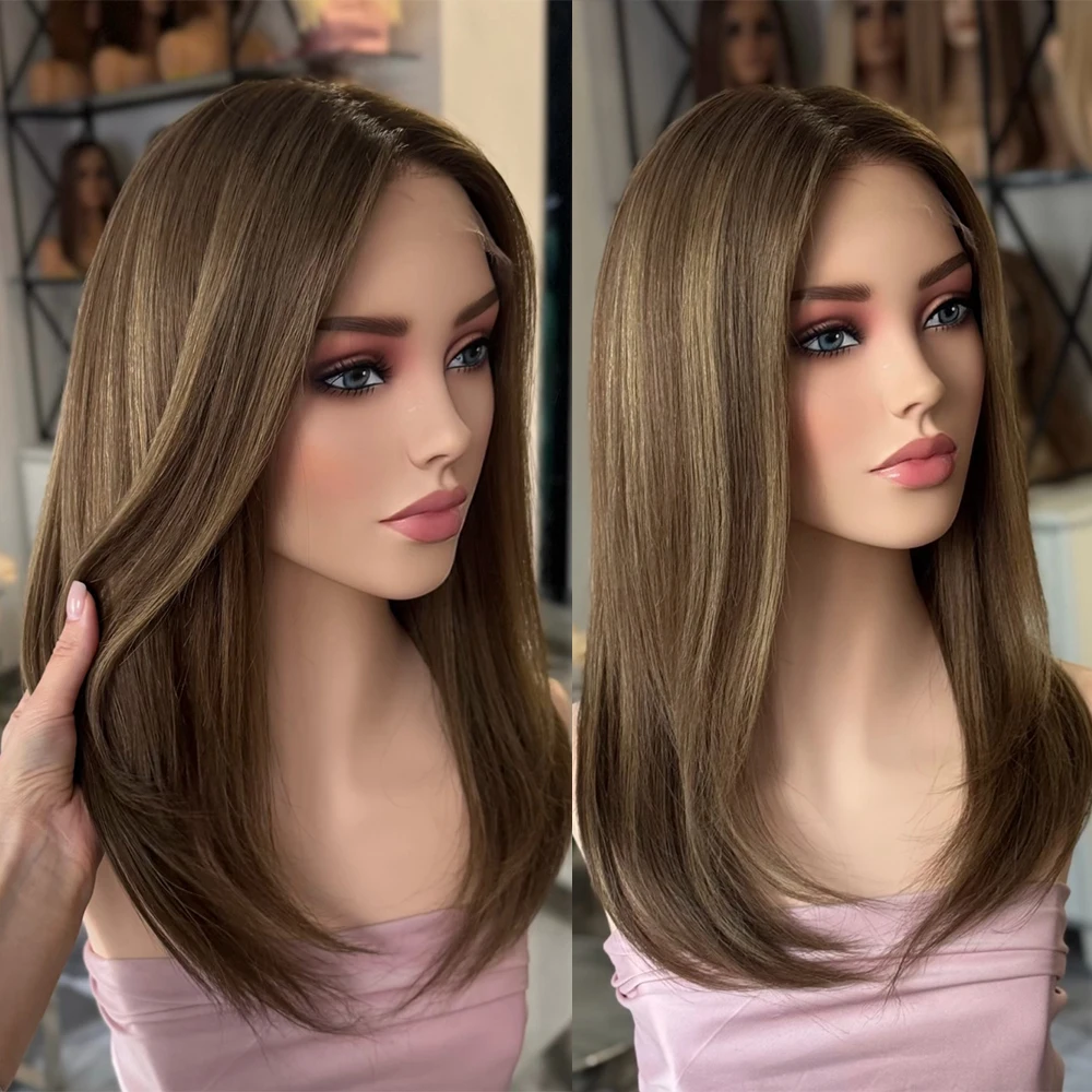 Synthetic Lace Frontal Wigs For Women 18“ Pre Plucked Lace Front Wig Wear And Go Ombre Brown Highlights Glueless Lace Wigs