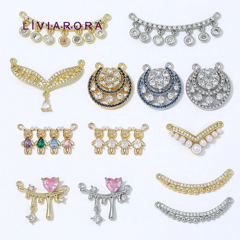 1Pc 18K Gold Plated Brass Arc Shape Crescent Connector Charms Pearl CZ Heart Curved Bar V Charms For DIY Jewelry Making