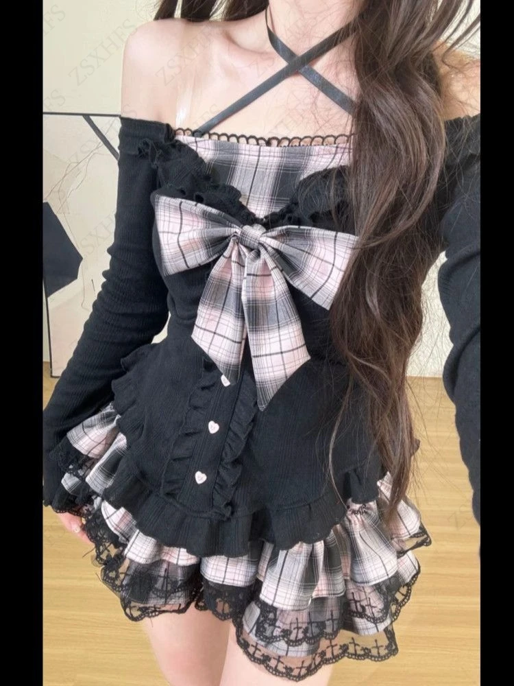 

Sexy T Shirt Sweet Girl Trendy Clothes Harajuku 2000s Kawaii Bow Off Shoulder Long sleeves Grid Graphic summer Femme crop Top