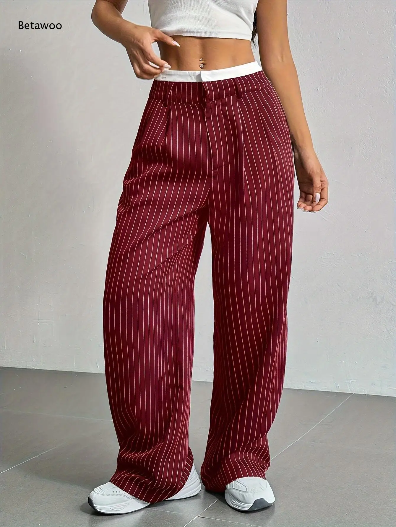 Two-Tone Midwaist Vertical Stripe Wide Leg Pants Front Pressed Pleats Material Ideal for Daily Campus Wear