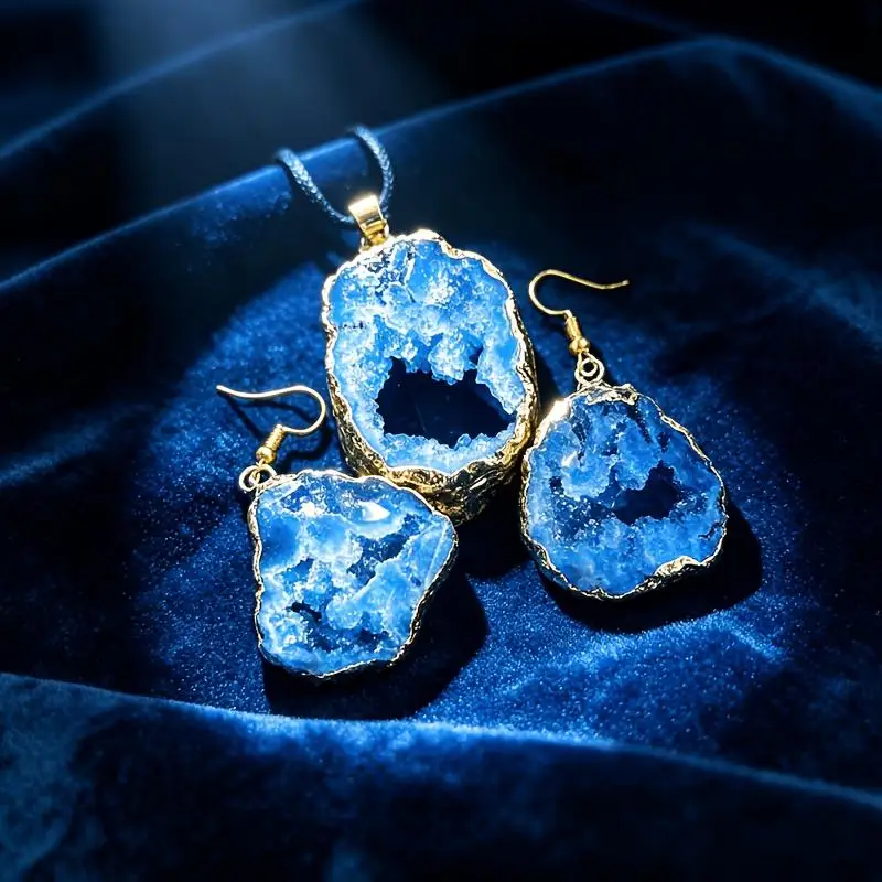 2pcs Natural Irregular Agate Geode Slice Jewelry Set, Crystal Geode Pendant Necklace & Matching Drop Earrings, Boho vintage Raw Stone Jewelry for Women, Pink Blue Two Color Options, Elegant Natural Crystal Accessory Gift for Mother's Day Birthday