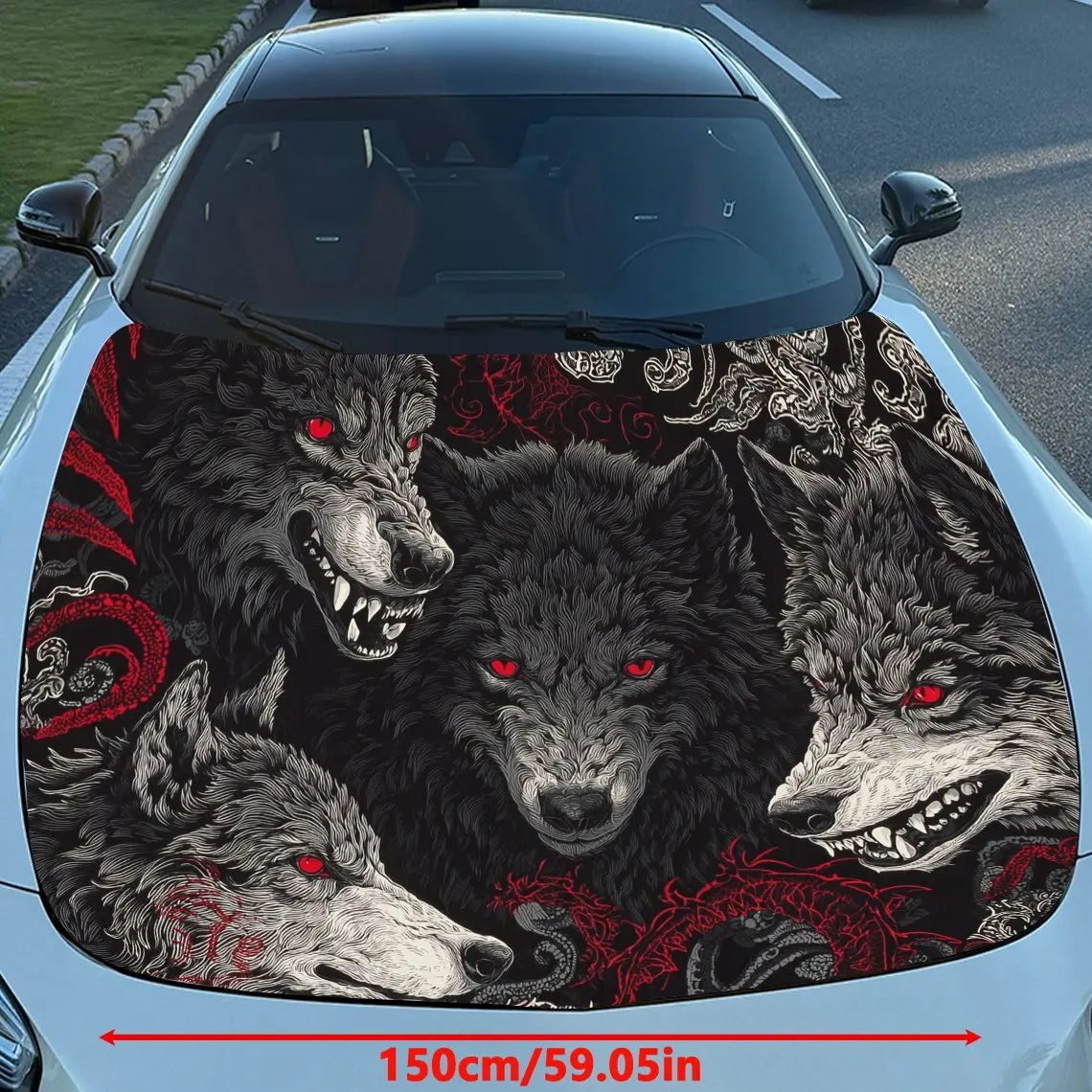 Dark Domain Blood Wolf Car Vinyl Wrap, PVC Waterproof Car Hood Sticker, Self-Adhesive Scratch-Resistant Stickers for Engine Cove
