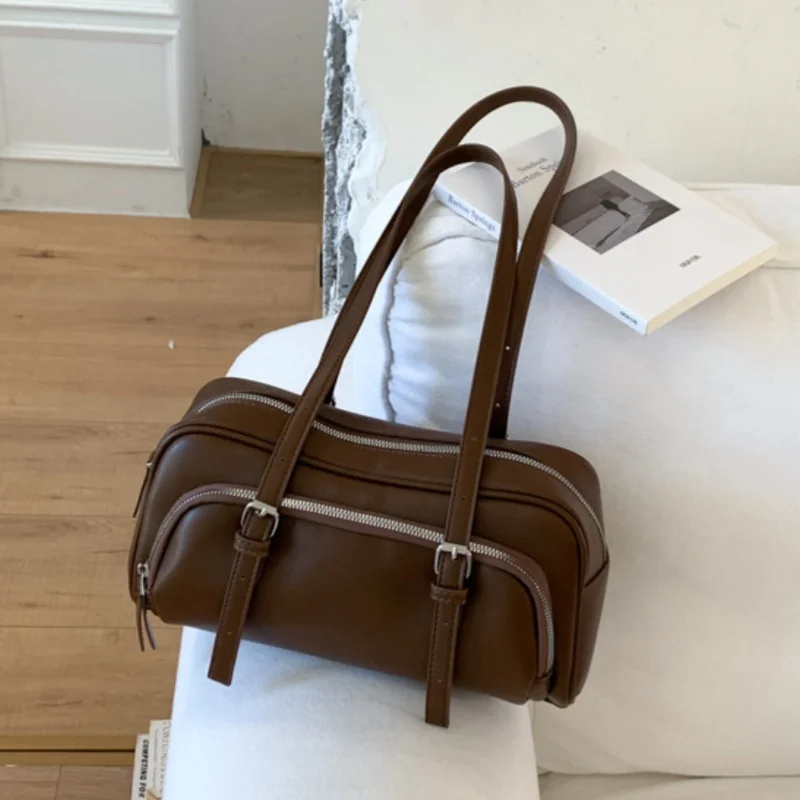 Rectangle Shoulder Bag Women Zipper Decor Casual Top Handle Tote Solid Color Simple Daily Shopping School Handbag Lady Totes Bag