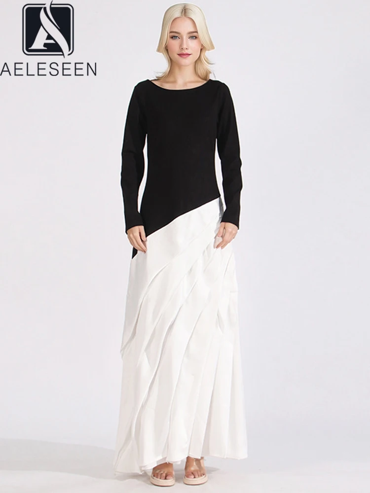 

AELESEEN Elegant Long Autmn Party Dress Women Runway Fashion Black White Patchwork Contrast Color Ruffles Pleated Party