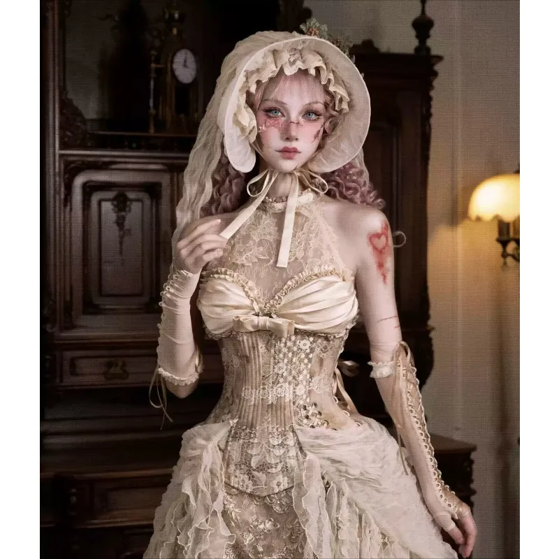 Women Cream Rococo Retro Long Arm Sleeves Lace Up Fishbone Detail Mesh Fingerless Gloves Wedding Party Accessories