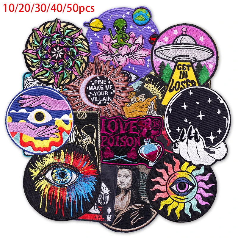 10/20/30/40/50PCS Random Mystic Psychedelic Embroidery Patches Alien Evil Eye Tarot Iron On Patches For Clothing Jacket Backpack