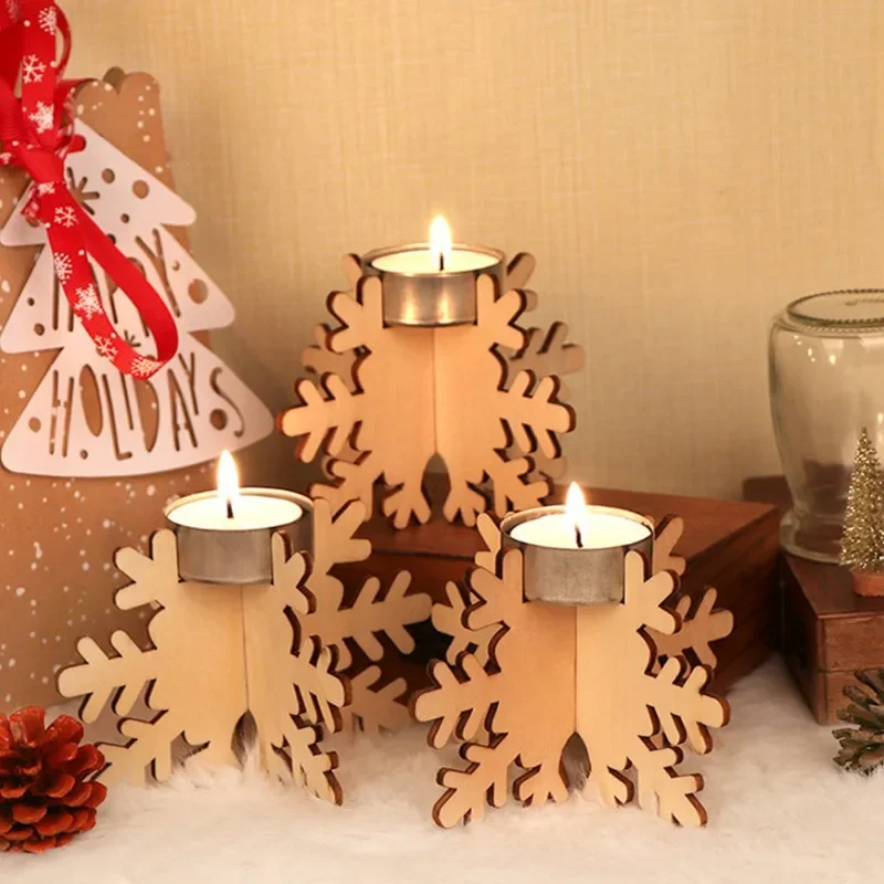 4/6Set Patchwork Wooden Snowflake Candlestick Set Snowflake Shaped Candleholders Home Wedding Party Table Decor Ornament