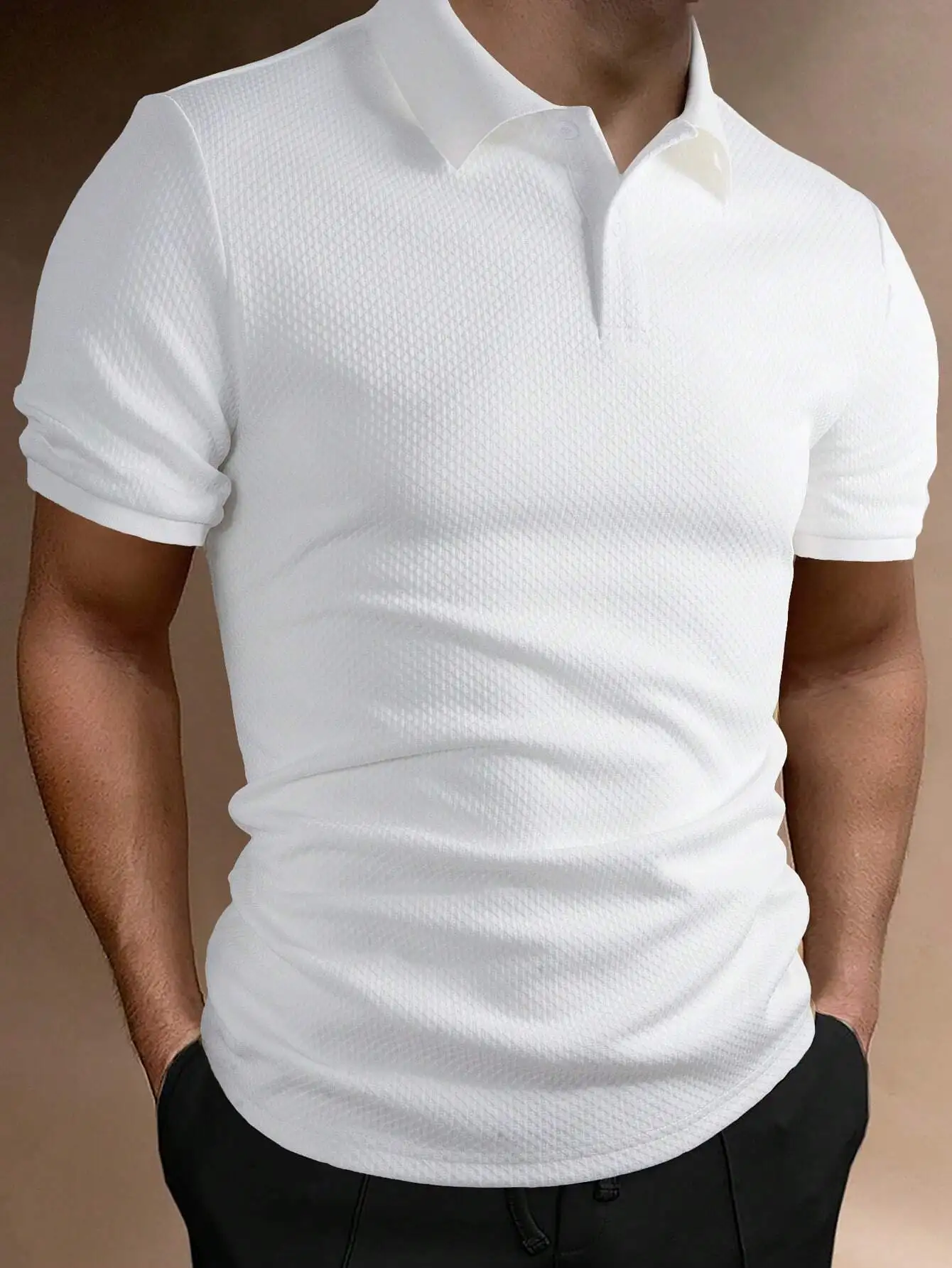 

Men's Solid White Textured Polo Shirt, Short Sleeve Casual Collar Top