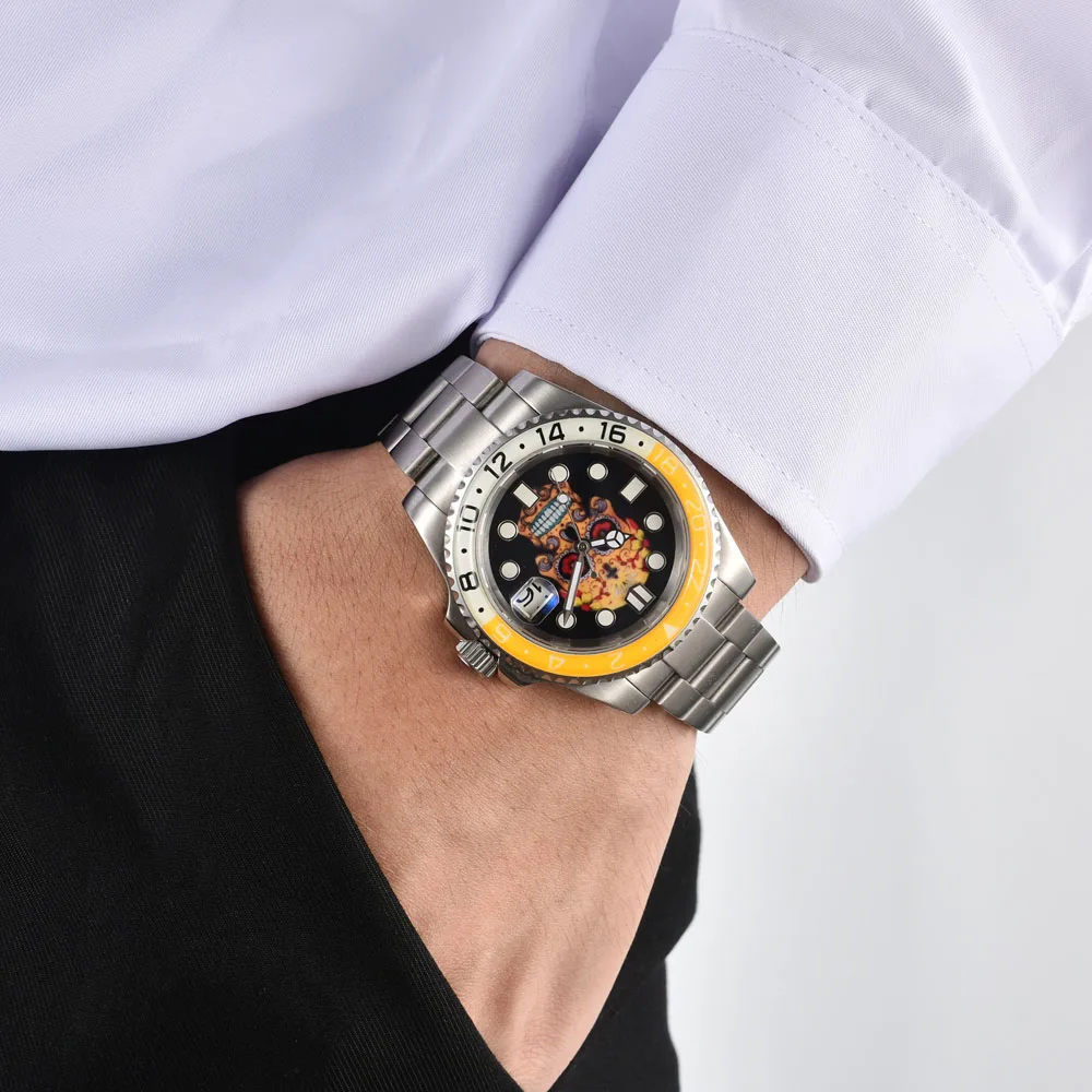 Reloj Automático NH35 de 40mm con movimiento automático japonés NH35, esfera con cabeza de calavera de tortuga marina, bisel totalmente luminoso, logotipo personalizado