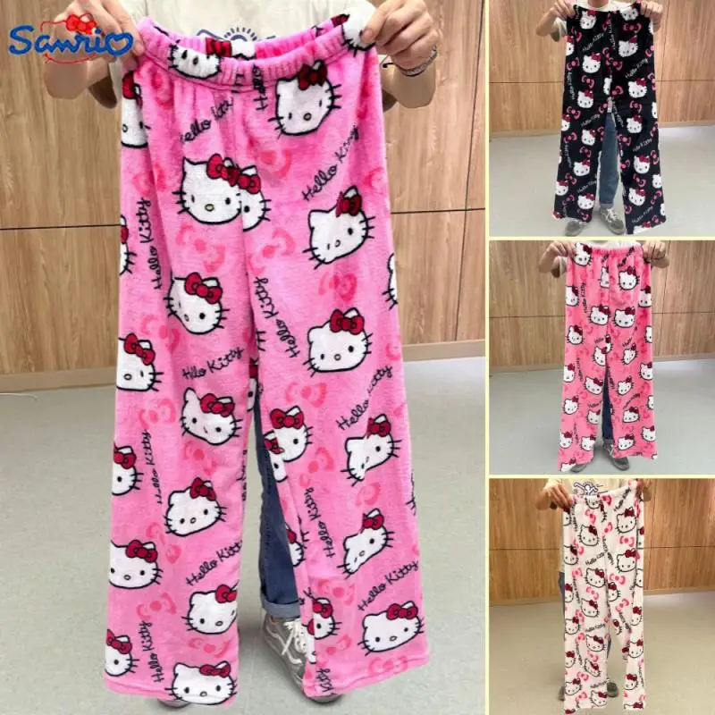 Kawaii Hello Kitty Plush Pajamas Pants Anime Sanrio Girl Autumn Winter Home Clothes Multi-Style Flannel Casual Trousers Gift