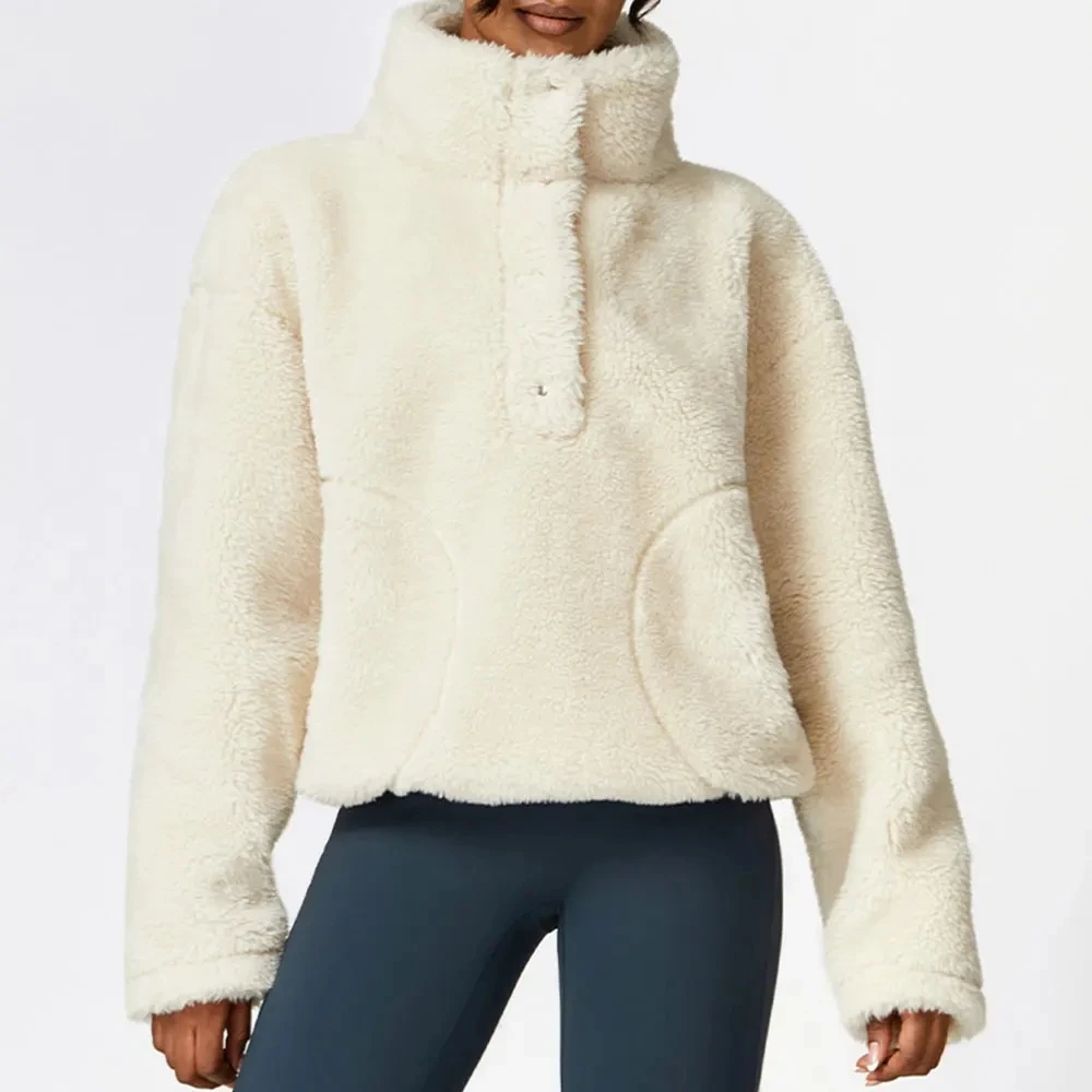 

Fashionable New Winter Outdoor Fitness Sports Long sleeved Women's Polar Fleece Coat Top Brushed Loose Warm Lamb Fleece Coat