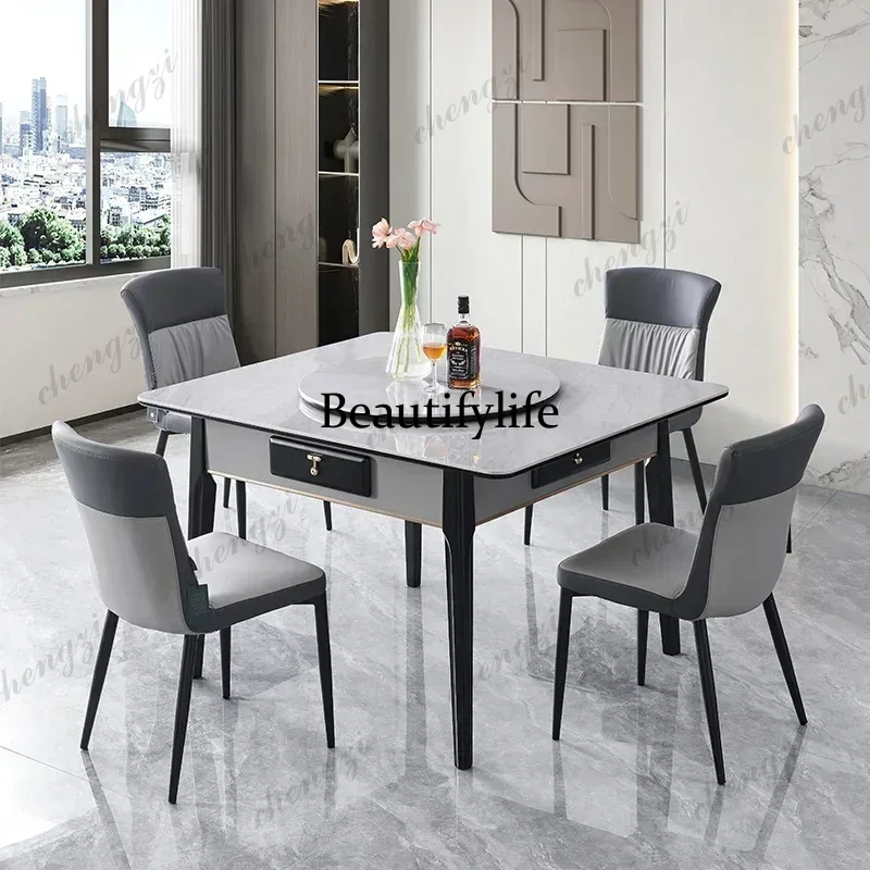 Mahjong Machine Mahjong Table Dining Table Dual-Use Solid Wood Integrated Household Mute Motor Linen Modern Minimalist