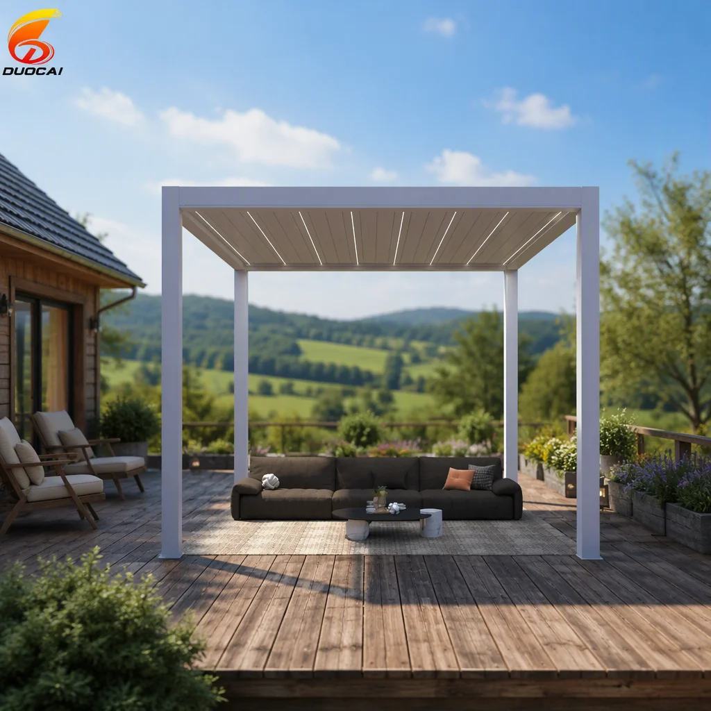 High-End Luxury Gazebo Waterproof Louvered Roof Customizable Size Electric Aluminum Outdoor Sunshade Pergola Balcony Wood Alloy