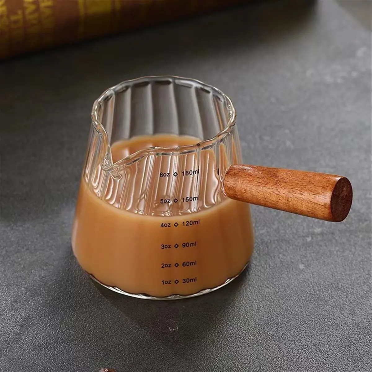 KSOL Espresso Cups with Wood Handle 6oz, Espresso Accessories, Milk Frothing Pitcher, Glass Measuring Cup, Shot Glass