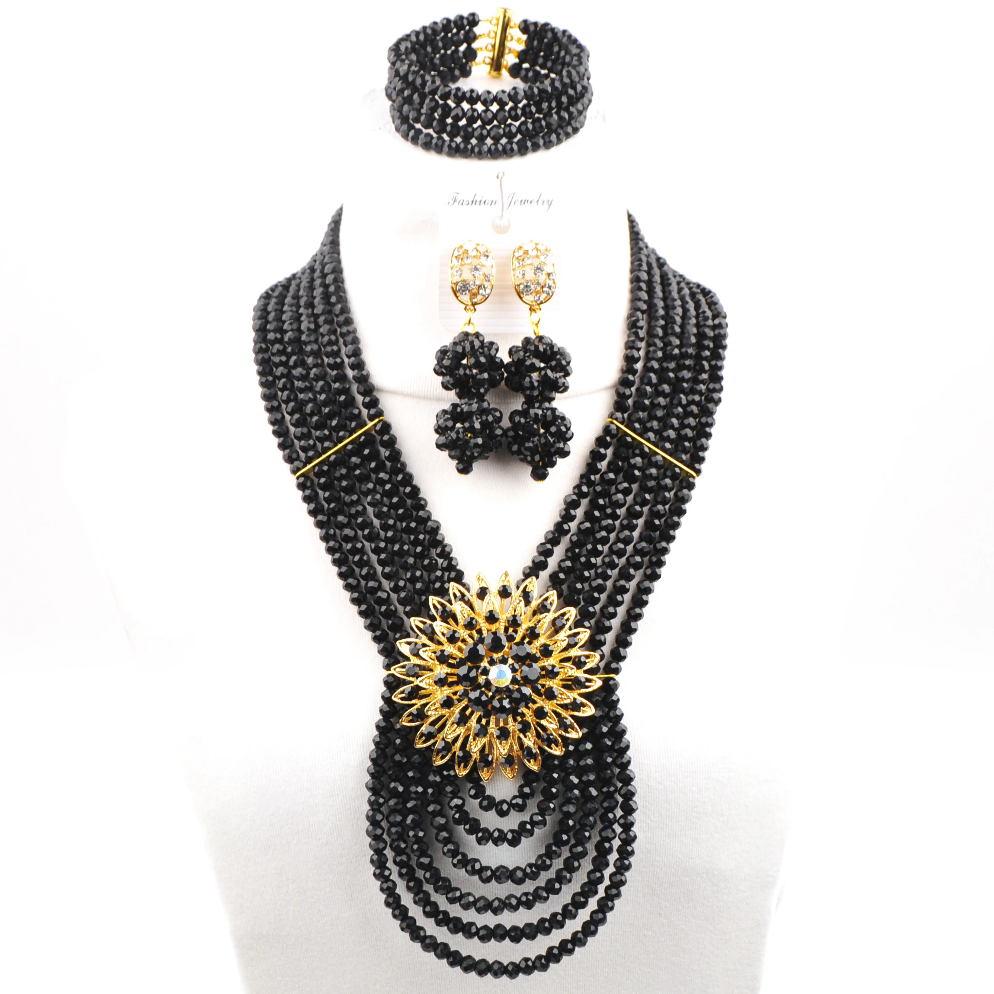 Black Crystal Bead African Women Necklace Bridal Party Jewelry Set