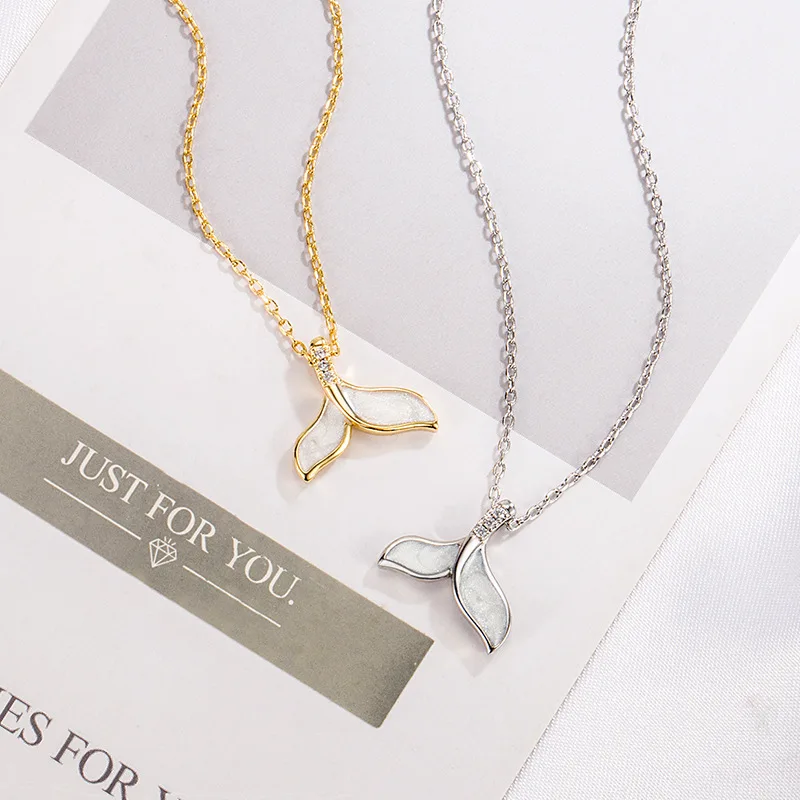CIAXY Silver Color Tail Fishtail Necklaces for Women Temperament Oil Pendant Clavicle Chain  Summer Ocean Jewelry image 3