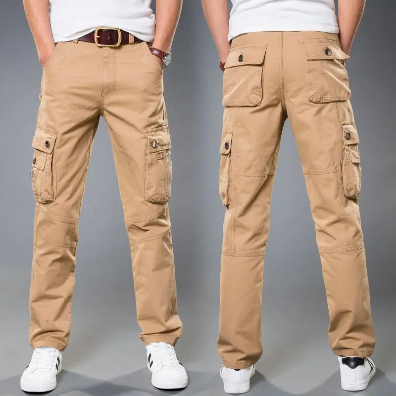กางเกงคาร์โก้ผู้ชายคุณภาพสูง หลายกระเป๋า สีพื้น สำหรับทำงาน ลำลอง กิจกรรมกลางแจ้ง สีเขียว ทรงเข้ารูป ไซส์ใหญ่ 40