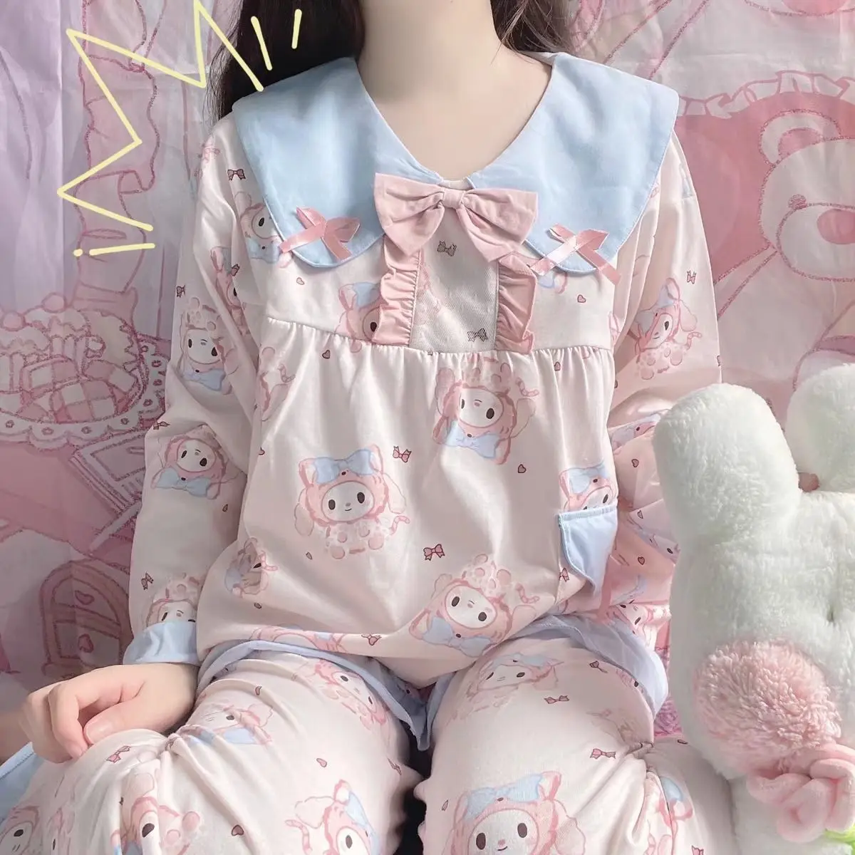 

Sanrio Pajamas Set My Melody Cute Pyjamas Cartoon Sleepwear Long Sleeve Pants Nightwear Spring Pijama Girl Home Clothing 2 Piece