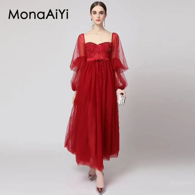 

MonaAiYi Fashion Design Autumn Women's Ball Gown Dress Square-Neck Lantern Sleeved Beading Designer Lace-Up Slim Evening Dresses