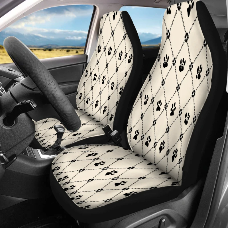 Set Of 2 Front Seat Covers Designed For Cars, Featuring A Paw Print Design. These Breathable Vehicle Cushions Do Not Have Back P