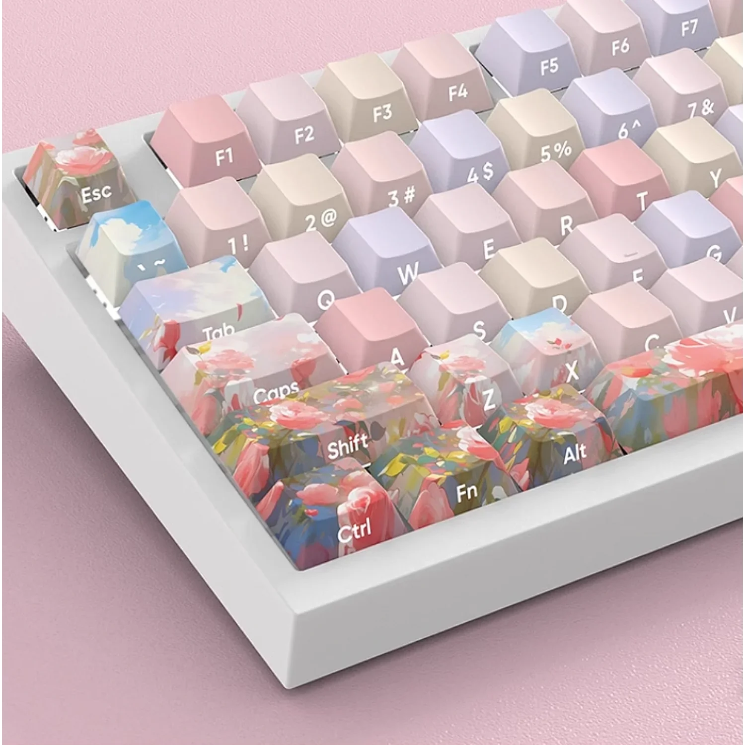 

Flower World PBT Keycaps Cherry Side-engraved Translucent Heat-sublimation Adapts To 60/80/87/98/104/108 Mechanical Keyboards