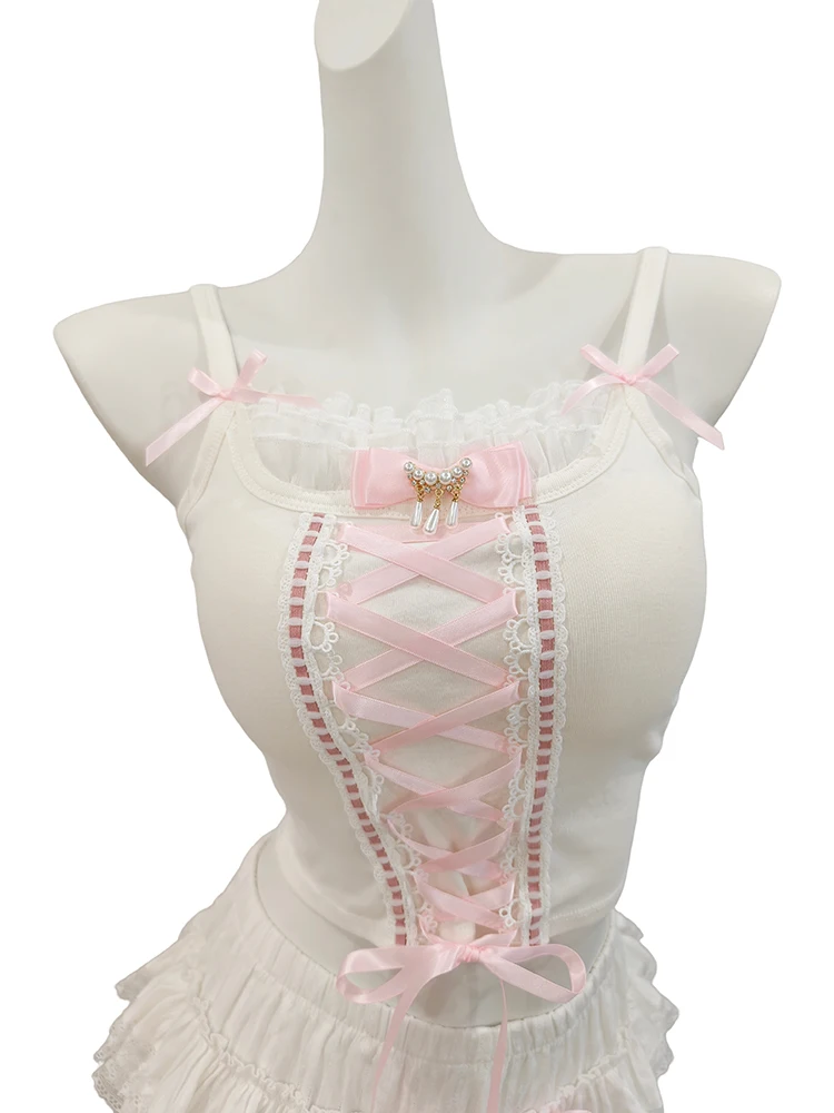 

Cute Crop Top Women Summer Camis Pink Bow Ruffle Decoration Cross Strap Design Cropped for Sweet Girls Kawaii Clothes