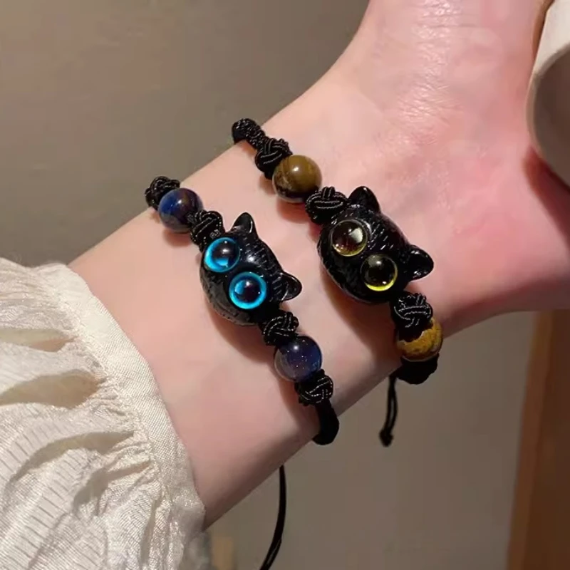 Adjustable Braided Rope Cute Black Cat Charm Bracelet for Women Men Wrist Chain Bracelet Couple Lovers Gifts Fashion Jewelry