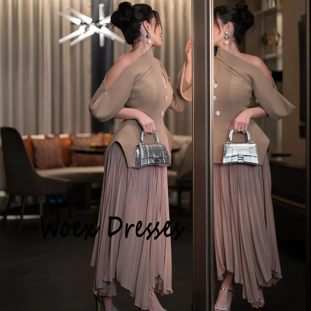 Customized One-Shoulder Brown Jersey A-line Evening Dress With Button Full Sleeves Party Dress Chiffon Ankle Length Prom Gown
