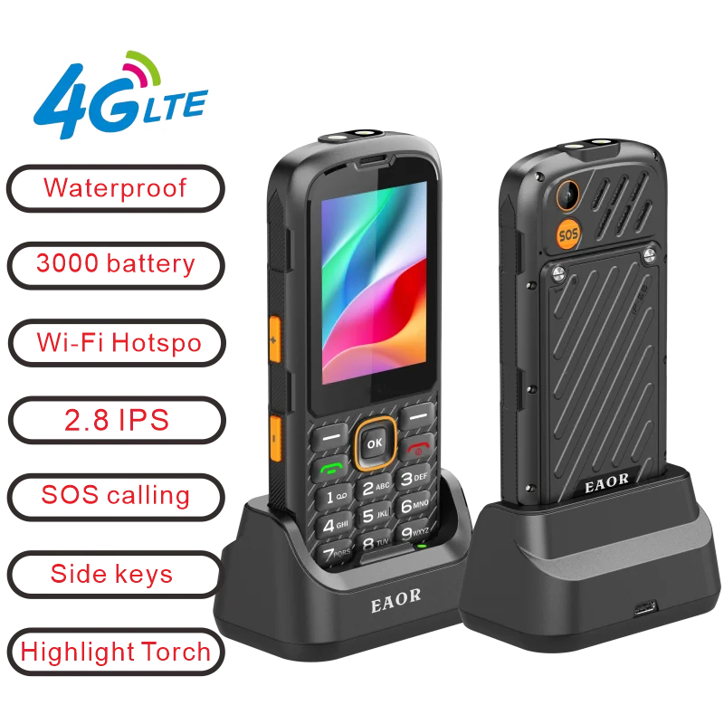 EAOR Charging Dock 4G Waterproof Rugged Big Battery Power Bank SOS Flashlight for All Ages Senior/Kids Usability Mobile Phone