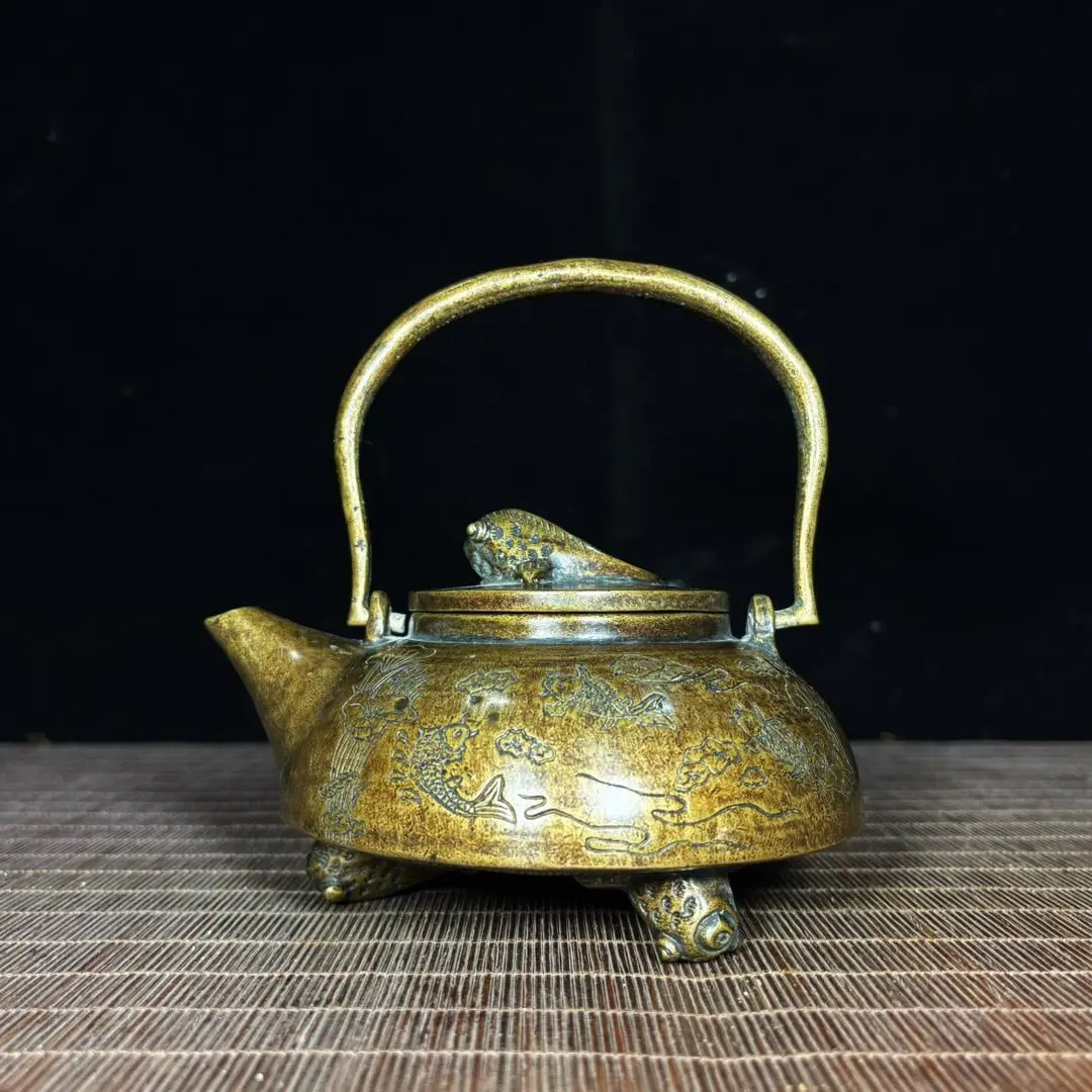 Pure Copper Handled Kettle with Chiseled Lotus Pond & Goldfish Pattern, Symbolizing Surplus Year After Year