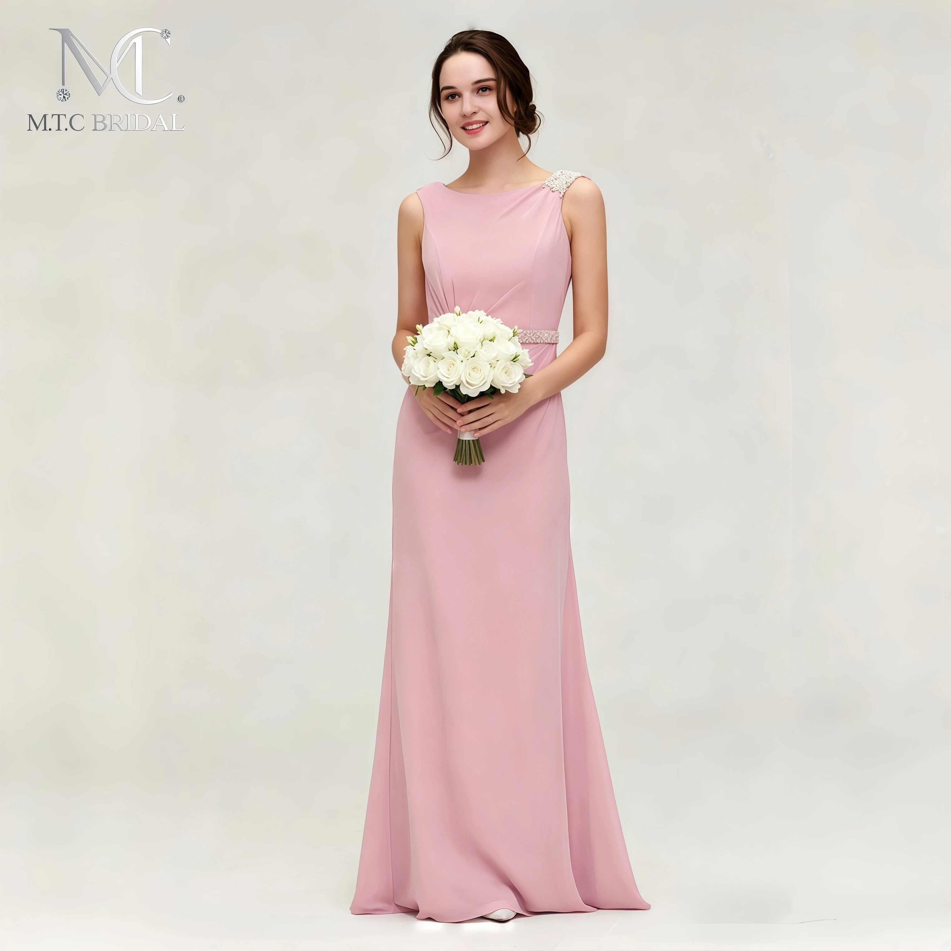 Long Elegant Pink Bridesmaid Dresses With Pearls Belt Mermaid Floor Length Soft Chiffon Maid Of Honor Gowns For Wedding Party