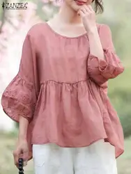 ZANZEA Elegant Lace Stitching Blouse 2024 Summer Chic Lantern 3/4 Sleeve Pleated Shirt Women Chemise Casual Loose Tops Oversiezd