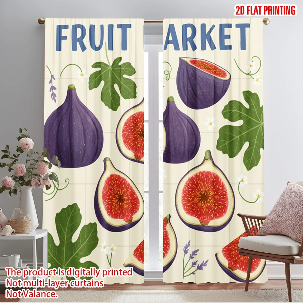 

2pcs 2D flat printing Window Curtains Fresh Figs Market Polyester Without Electricity All Season Party & Holiday Decor Perfect