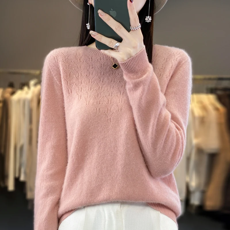 100% Merino Wool New O Neck Sweater Women Loose Ssolid Color Hhollow-Out Pullover Base Shirt with Warm Autumn And Winter Top