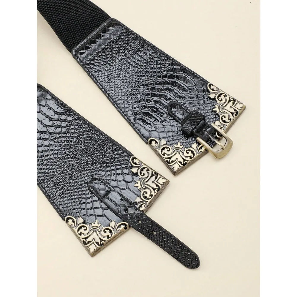 Women\'s Vintage Metal Embossed Crocodile Pattern Elastic Waist Belt