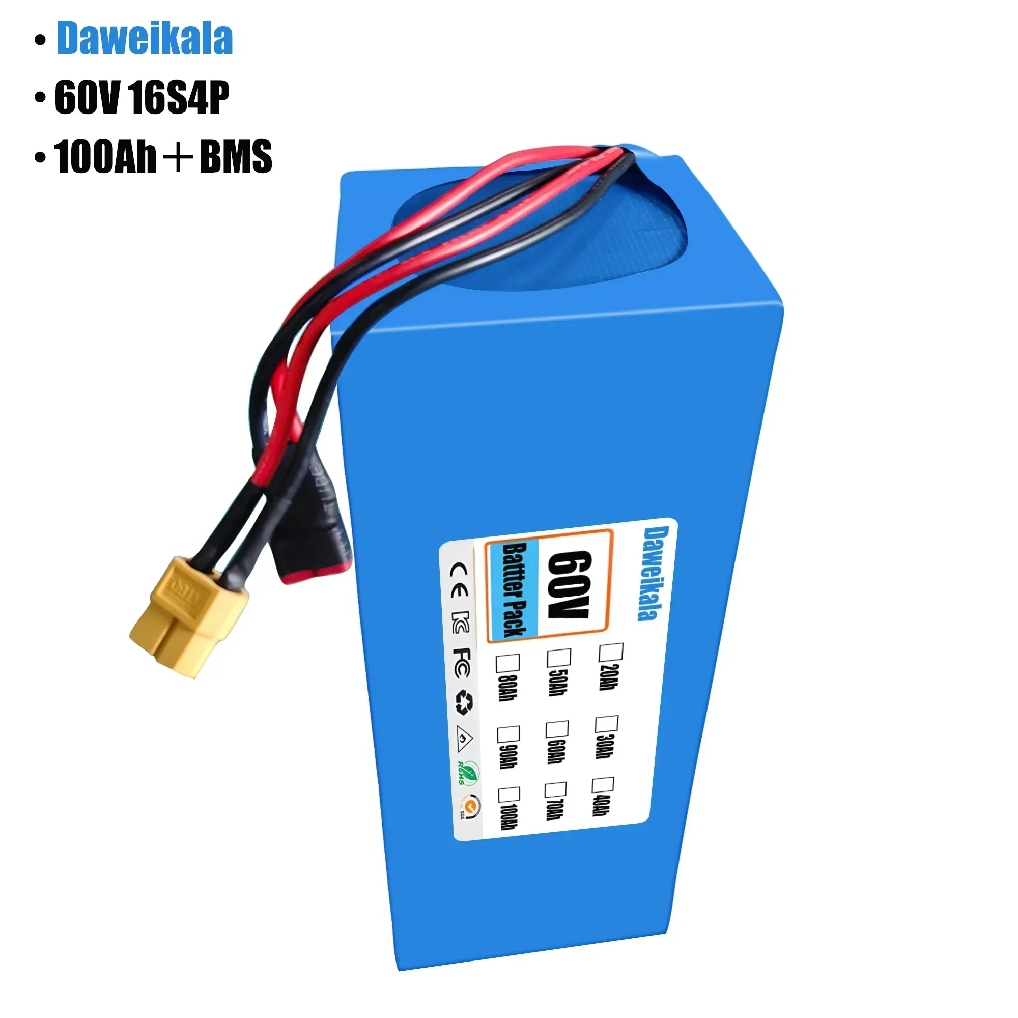 

60V 100000mAh 2000W electric battery, built-in 50A BMS+charger 100Ah 60V 16s4p lithium-ion battery pack
