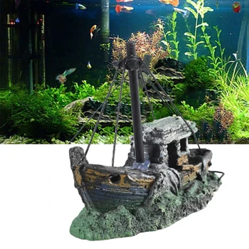 Decoração de navio afundado para aquário, ornamentos de resina para viveiro para eremita 12.5*6*10cm, mini estátuas de barco retrô