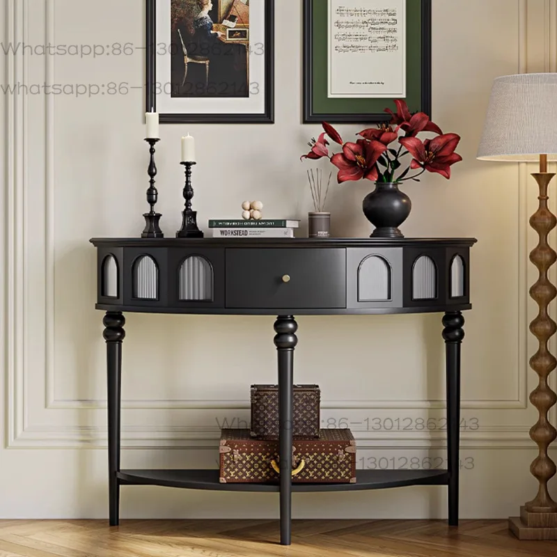 

Semi-round entrance table entry black French entrance cabinet retro solid wood American light luxury