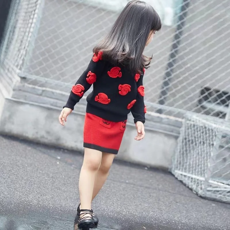 2024 Autumn Baby Girl Clothes Set Long Sleeve Sweater Skirt 2 PC Suit Children Flower Print Birthday Outfit Kid Princess Dresses