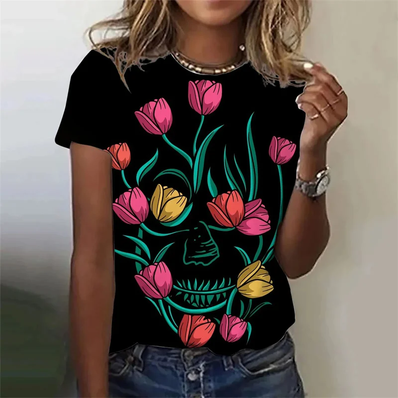 New Harajuku 3D Colorful Floral Print T Shirt Flowers Graphic T Shirts Fashion Tee Shirts Girl Funny Clothing Women Short Shirts